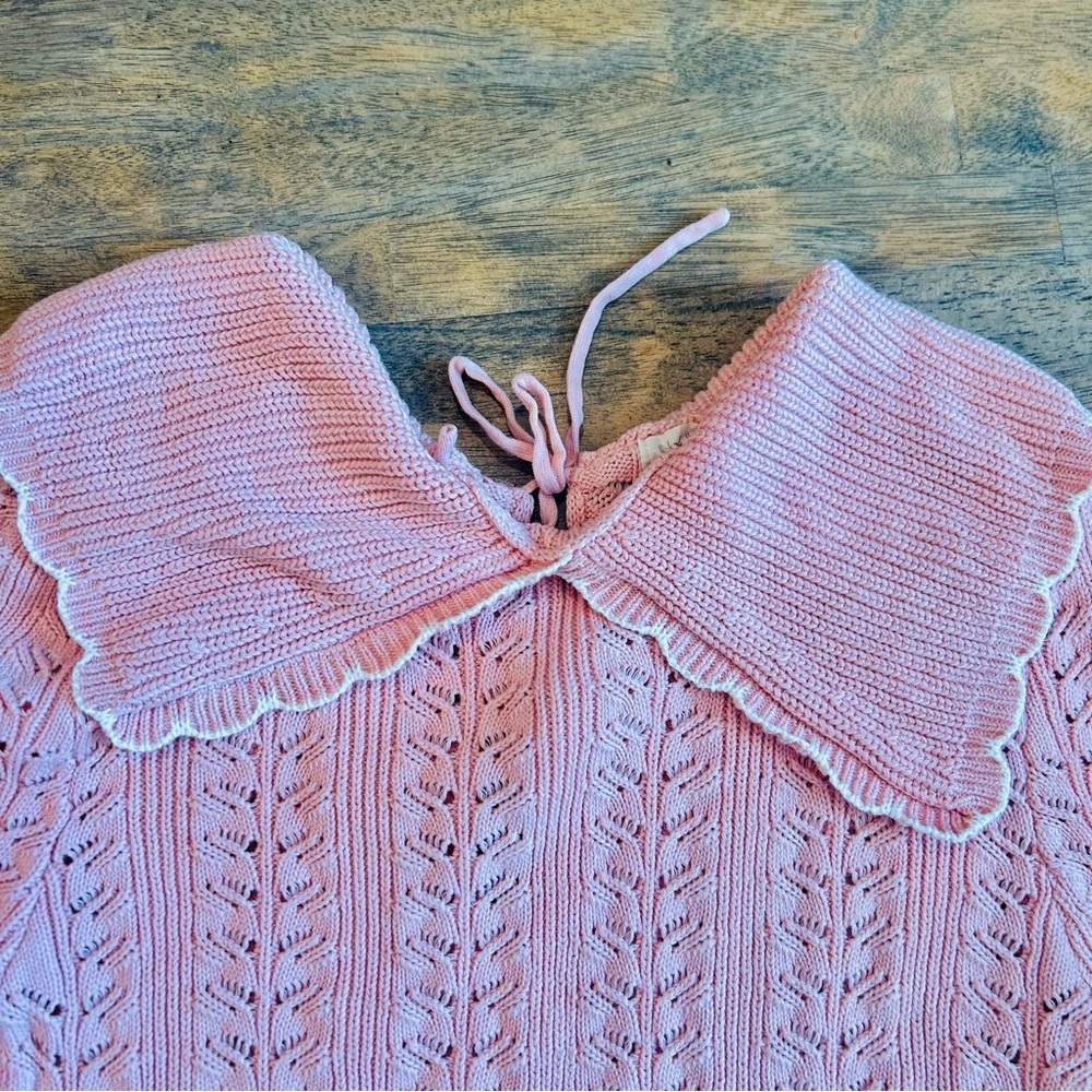 Pink Knit Top Ruffle Trim Peter Pan Collar Cottagecore Coquette Sweater Size S - Picture 4 of 7